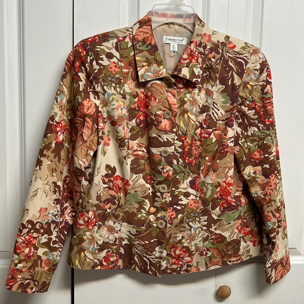 Coldwater Creek Fall Multi Color Floral Print Khaki Cotton Jacket Size 14P